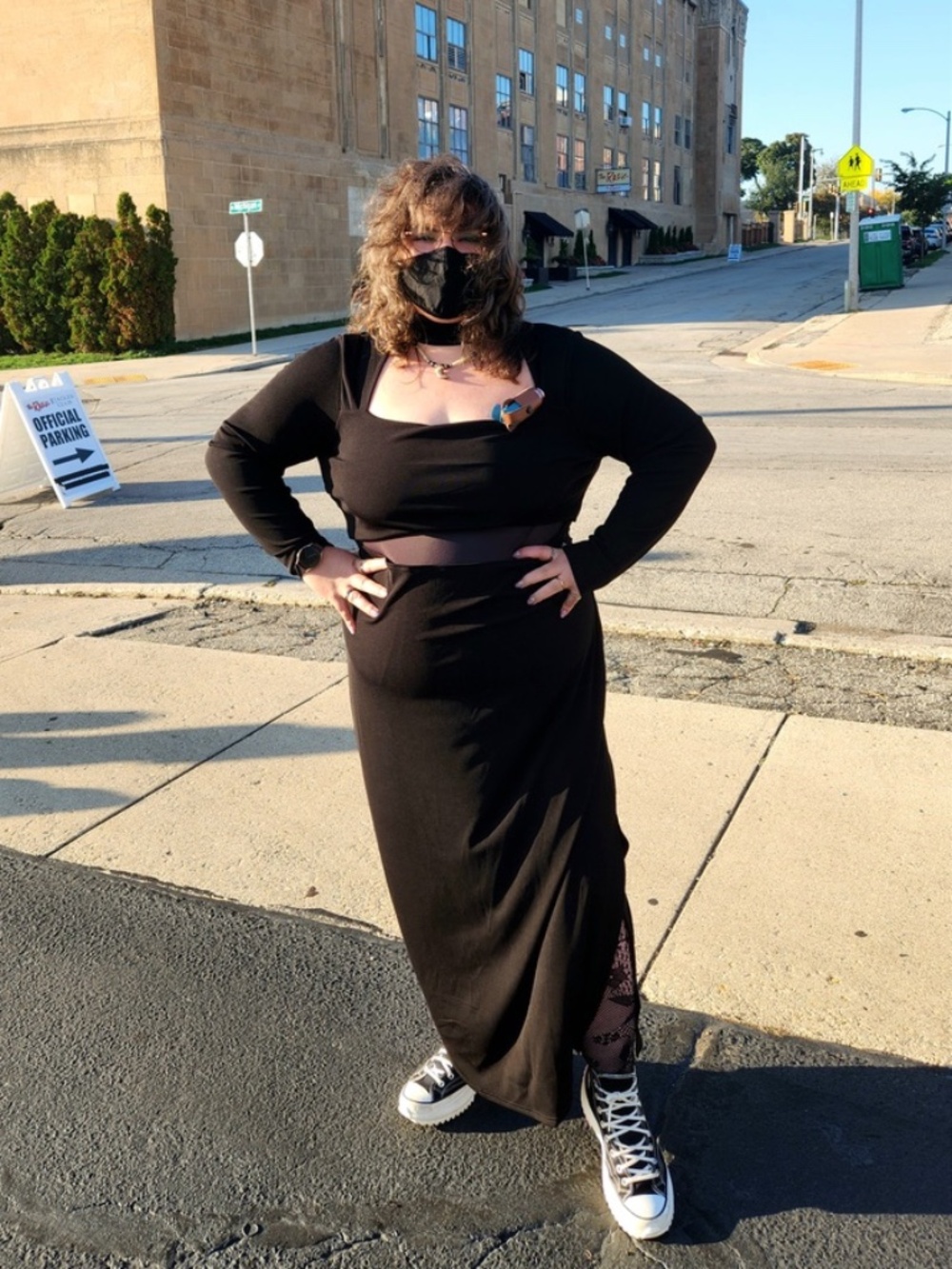 black, long-sleeve maxi with a choker neckline and a draped cowl-front cutout